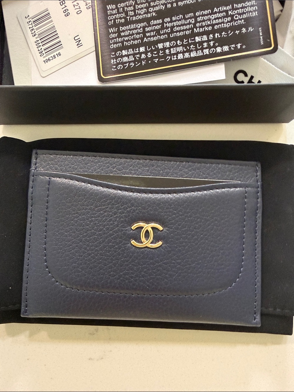 CHANEL Navy and Gold Leather Card Holder with CC Emblem